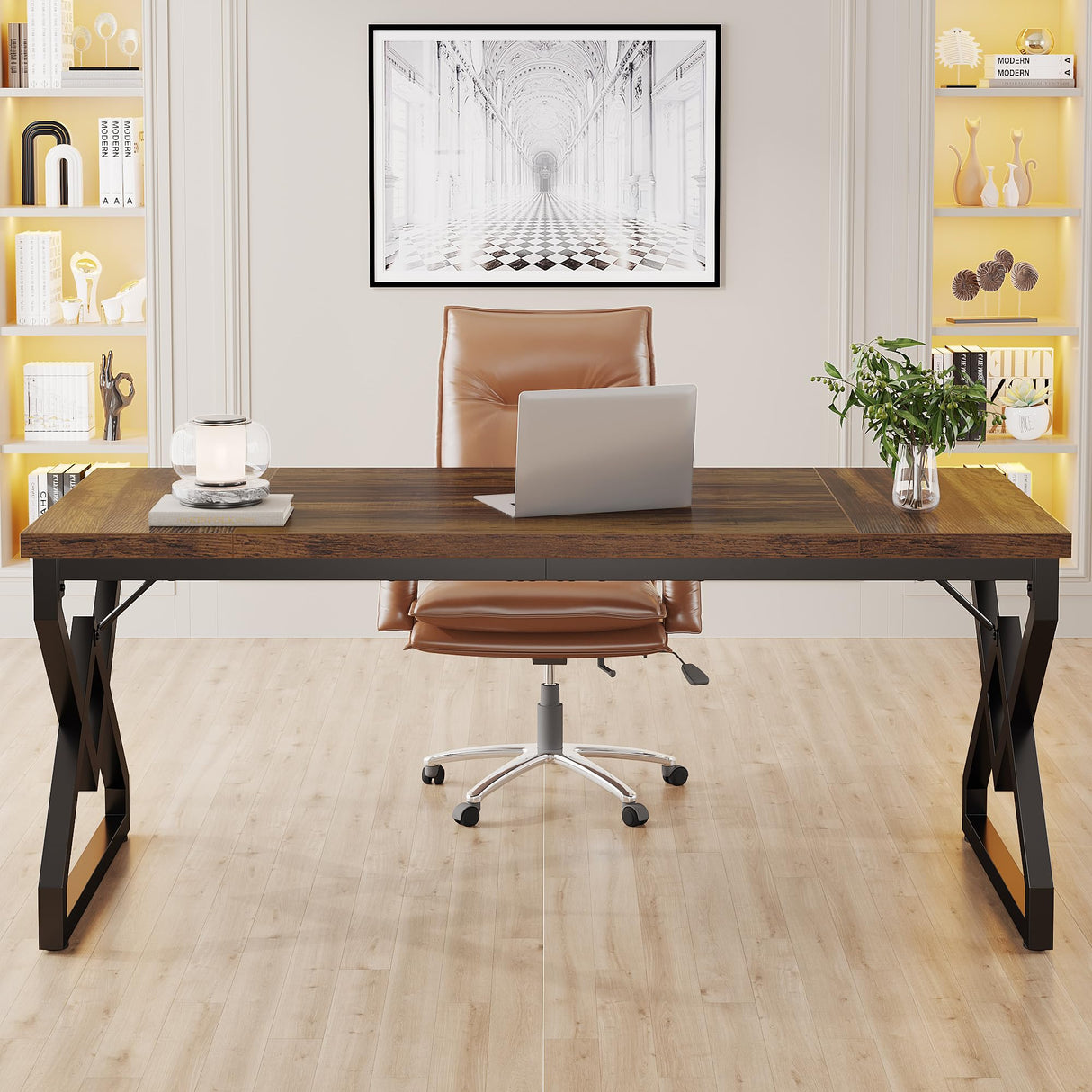 Tribesigns Executive Desk, Office Desk with Extra Thickened Wooden Tabletop and Metal Frame, Large 63 Inches Computer Desk Writing Table Study Desk for Home Office, Rustic Brown Tribesigns