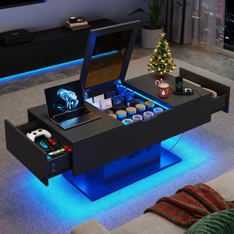Seetech LED Coffee Table, 44" 3-Drawers Modern Coffee Table with Storage and Charging Station, for Living Room, Black Seetech