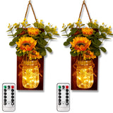 OurWarm Sunflower Wall Sconces Set of Two, Mason Jar Sconces Farmhouse Wall Decor Comes with Remote Control and Warm Toned LED Lights, Rustic Sunflower Decor for Home Kitchen Dining Room Living Room OurWarm