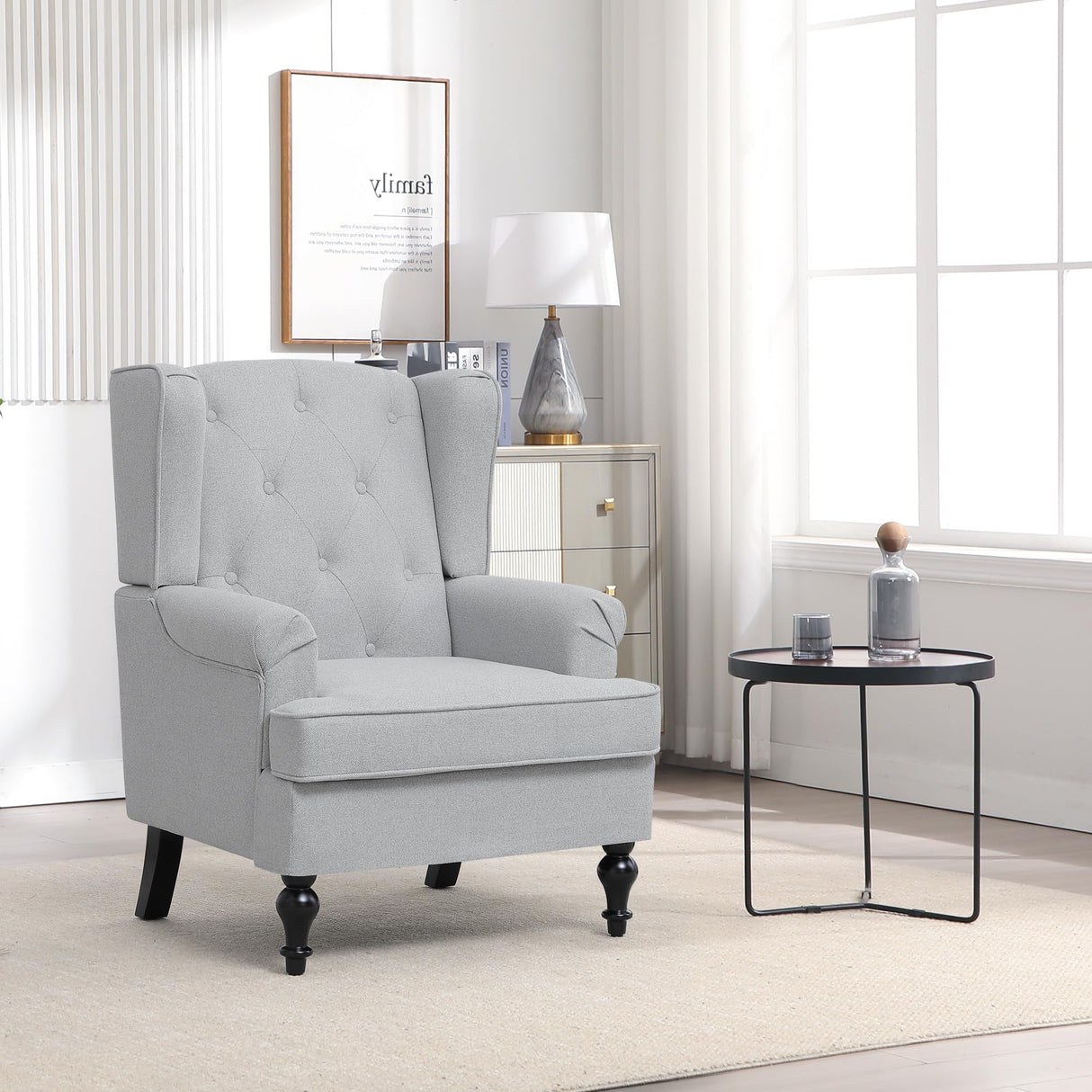 choairy Accent Chair for Living Room, Mid Century Modern Wingback Chair, Upholstered Fabric Armchair with High Back and Vintage Legs, Comfy Single Sofa Side Reading Chairs for Bedroom, Light Grey choairy