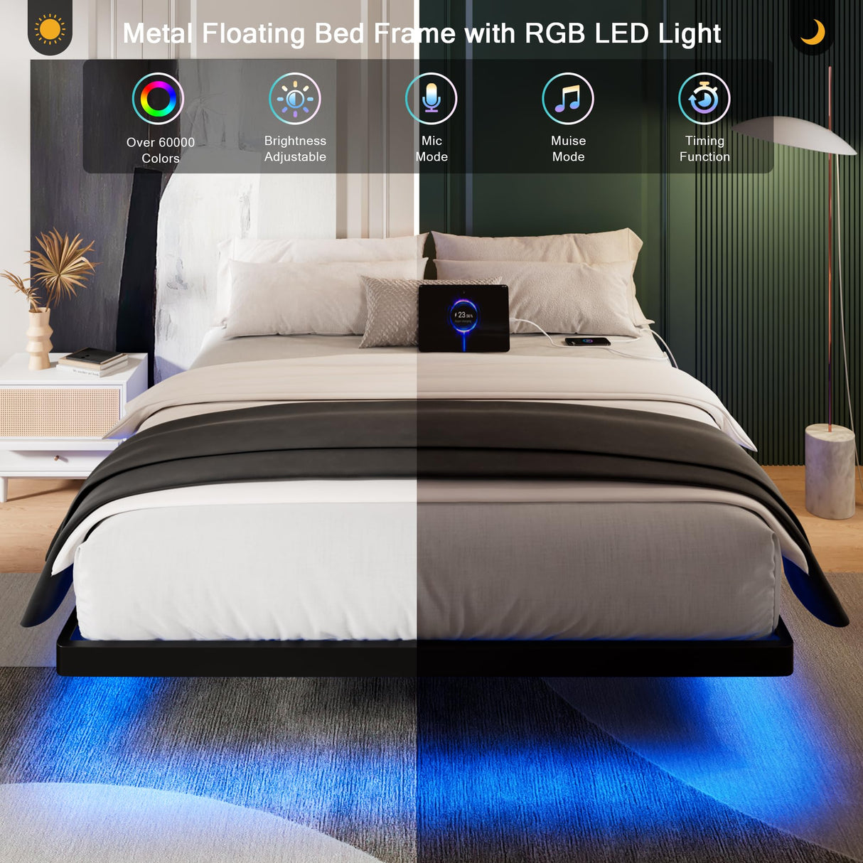 Einhomn Full Size Floating Bed Frame with Smart LED Lights and Charging Station - Heavy Duty Metal Design, Easy Assembly, Black Einhomn