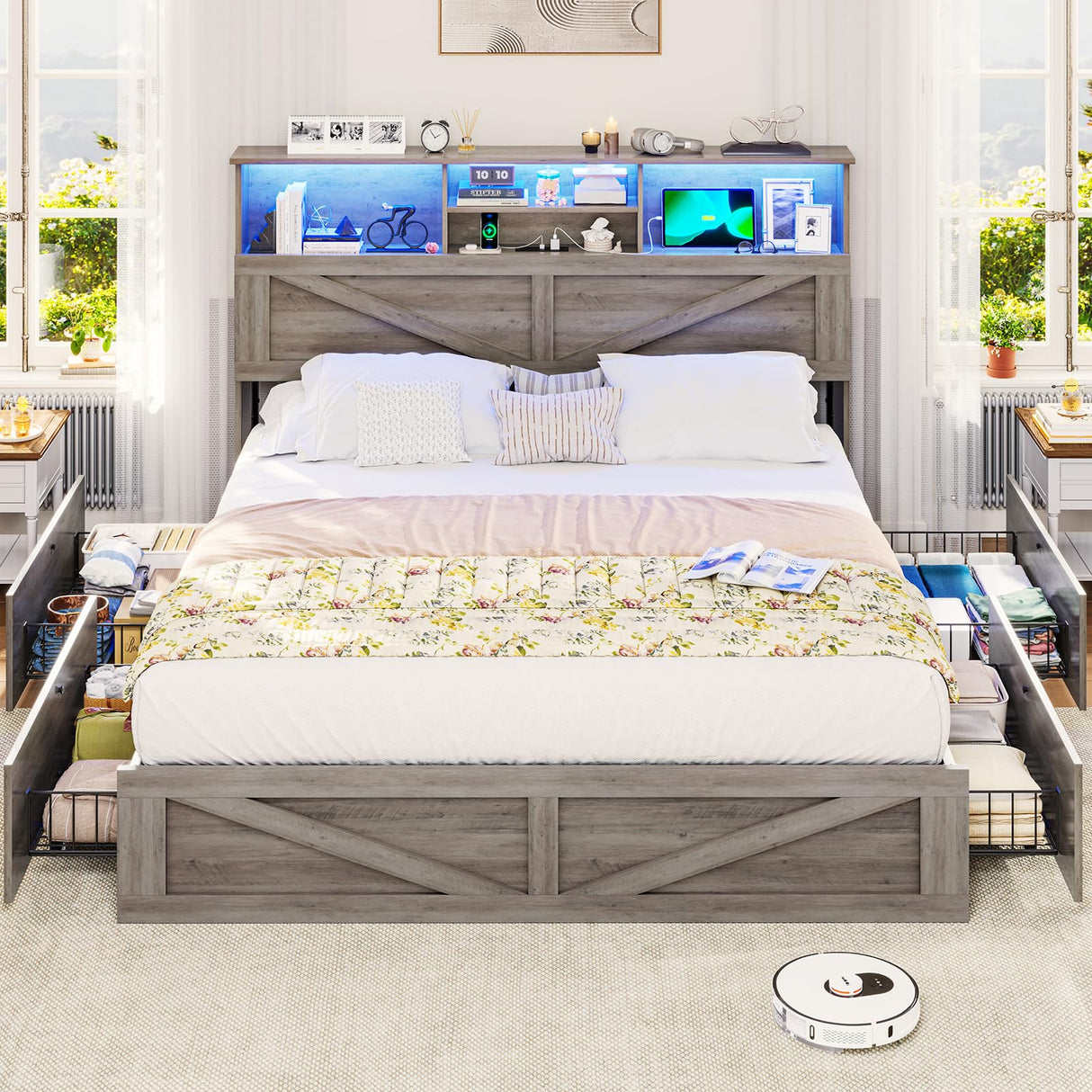 VIAGDO Farmhouse Bed Frame Queen Size with Bookcase Storage Headboard, Charging Station and LED Lights, Wooden Queen Bed Frame with 4 Drawers, Barn Door Design, No Box Spring Needed, No Noise, Grey VIAGDO