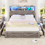 VIAGDO Farmhouse Bed Frame Queen Size with Bookcase Storage Headboard, Charging Station and LED Lights, Wooden Queen Bed Frame with 4 Drawers, Barn Door Design, No Box Spring Needed, No Noise, Grey VIAGDO