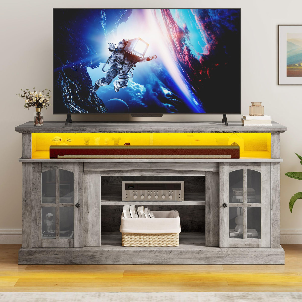 DWVO Farmhouse Television Stand for 75 Inch TV w/Outlets, LED Modern Entertainment Center with Glass Doors and Adjustable Storage Shelves, Media Console TV Cabinet for Living Room, Grey DWVO