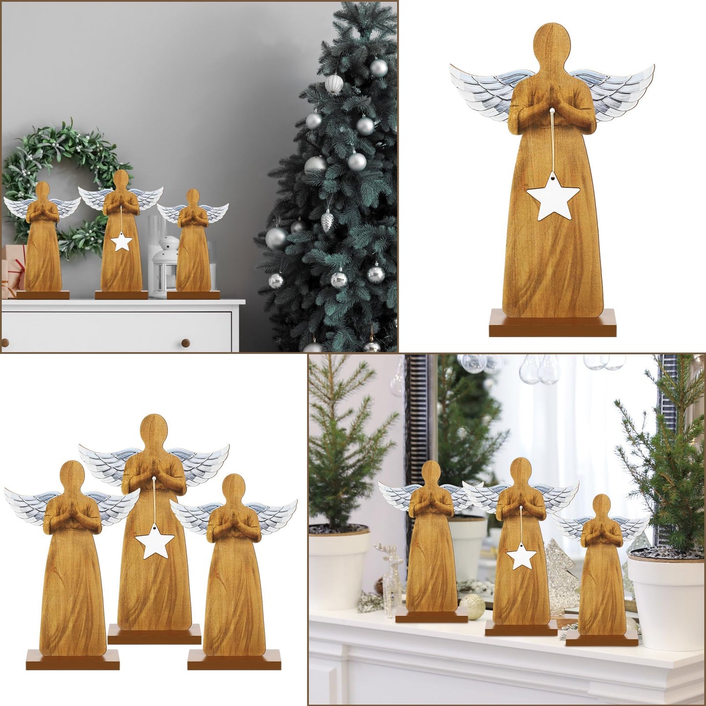 Suzile Set of 3 Wooden Angel Ornament Angel Statue Figurine Angel Shaped Christmas Ornaments Farmhouse Rustic Xmas Angel Table Crafts for Christmas Home