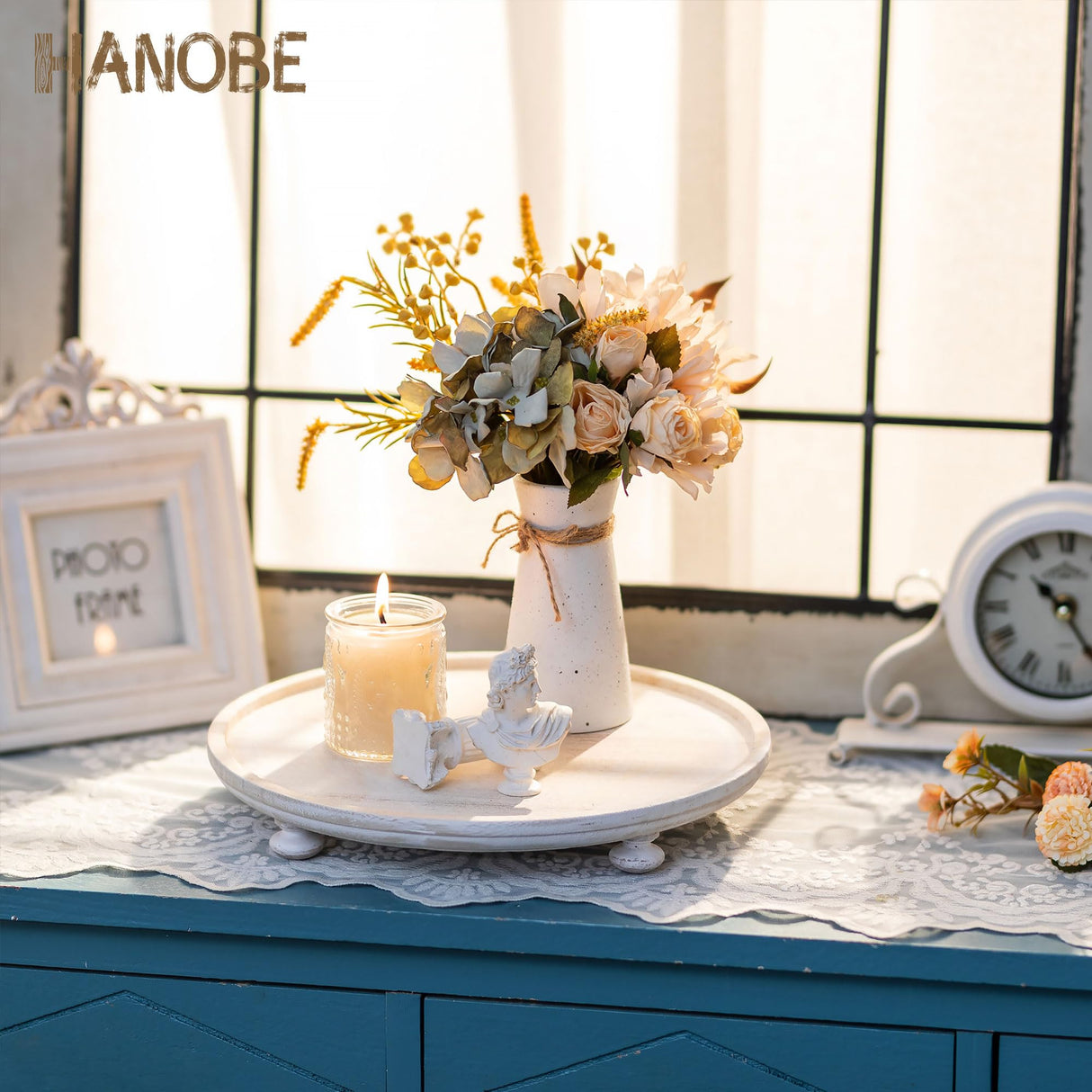 Hanobe Wood Risers for Decor: Rustic Round Wooden Pedestal Stand Tray for Display Farmhouse Table Decorative Risers for Dessert Candle Cake Plant, White 11" Hanobe