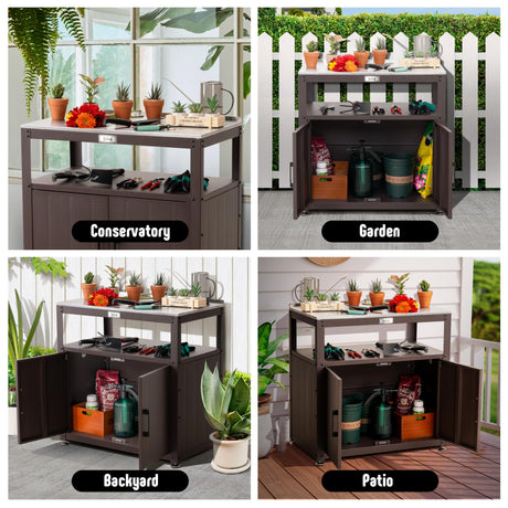 Feasto Garden Potting Bench with Storage Cabinet,Outdoor Gardening Table & Work Bench for Plants, Horticulture,Outdoor Workstation with Stainless Steel Tabletop,Outdoor Work Table Feasto