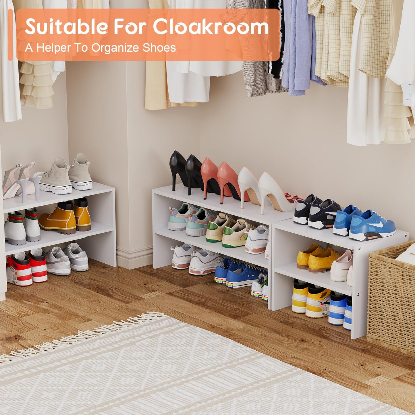 2-Tier Expandable White Shoe Rack Organizer for Closet, Stackable Shoe Rack Storage Shelf, Small Iron Wood Combination Shoe Shelves for Closets,Entryway,Front Door, Narrow Space,Hallway,6-12 Pairs