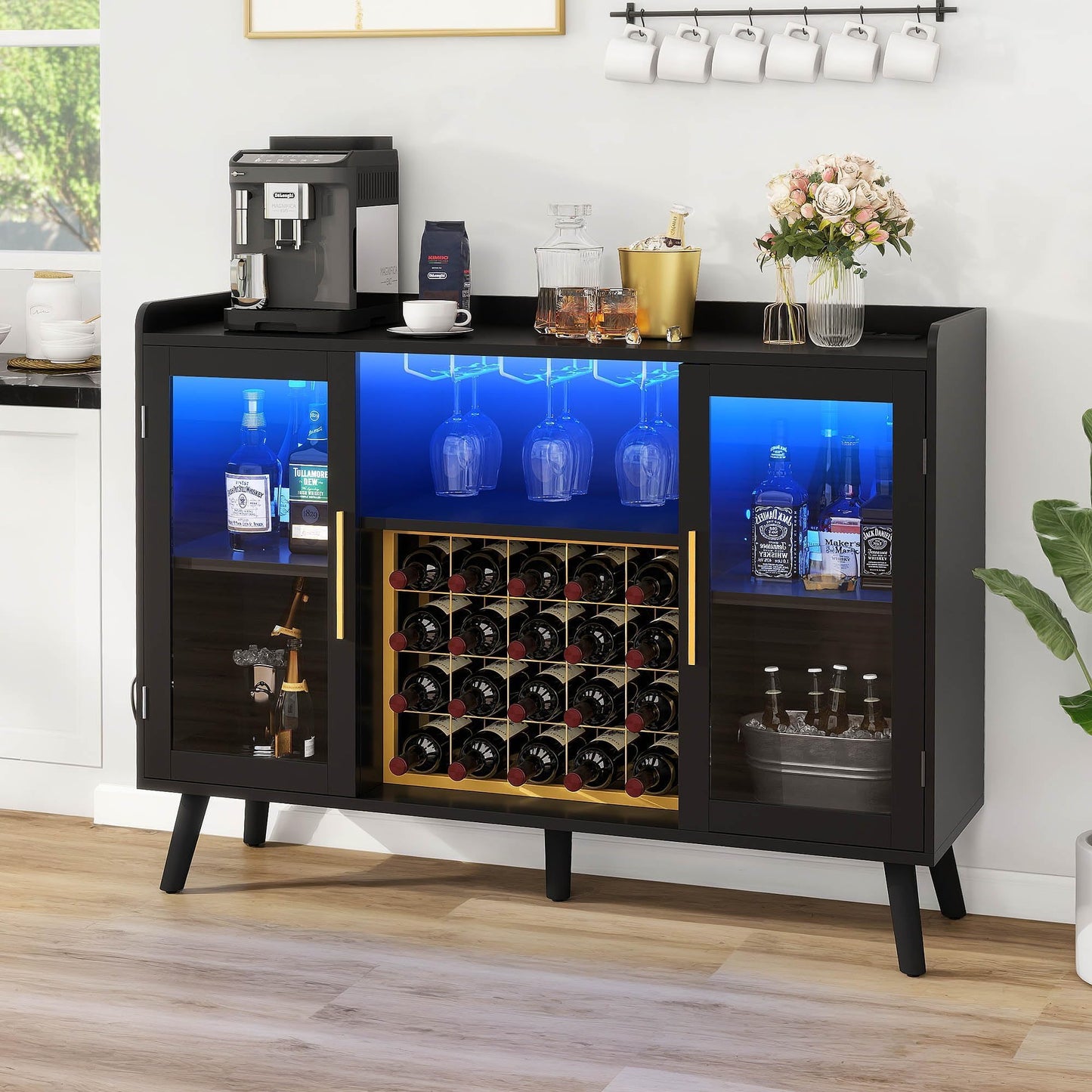 YITAHOME 53" Wine Bar Cabinet, Home Buffet Bar Cabinet for Liquor and Glasses, Modern Coffee Liquor Storage Sideboard Cabinet with Wine Rack, Power Outlets for Kitchen, Dining & Living Room, White