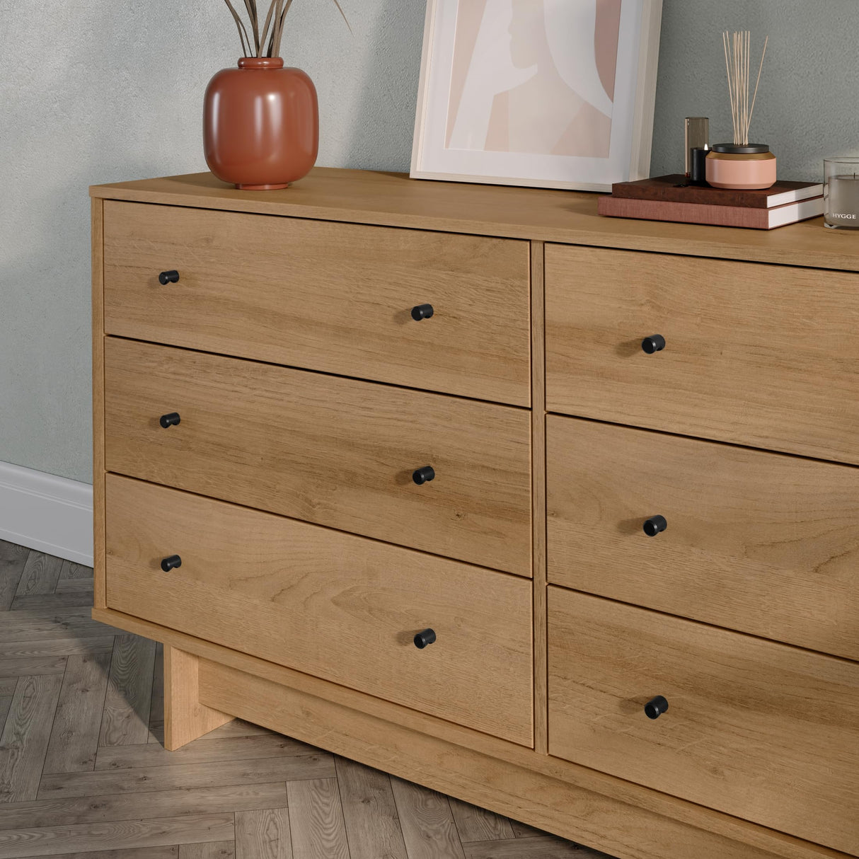 Prepac Finnley 6-Drawer Dresser in Natural Oak, Dresser for Bedroom, Extra-Wide Chest of Drawers with Storage, Modern Clothing Organizer for Home, Bedroom, Living Room, 16" D x 61" W x 31" H Prepac