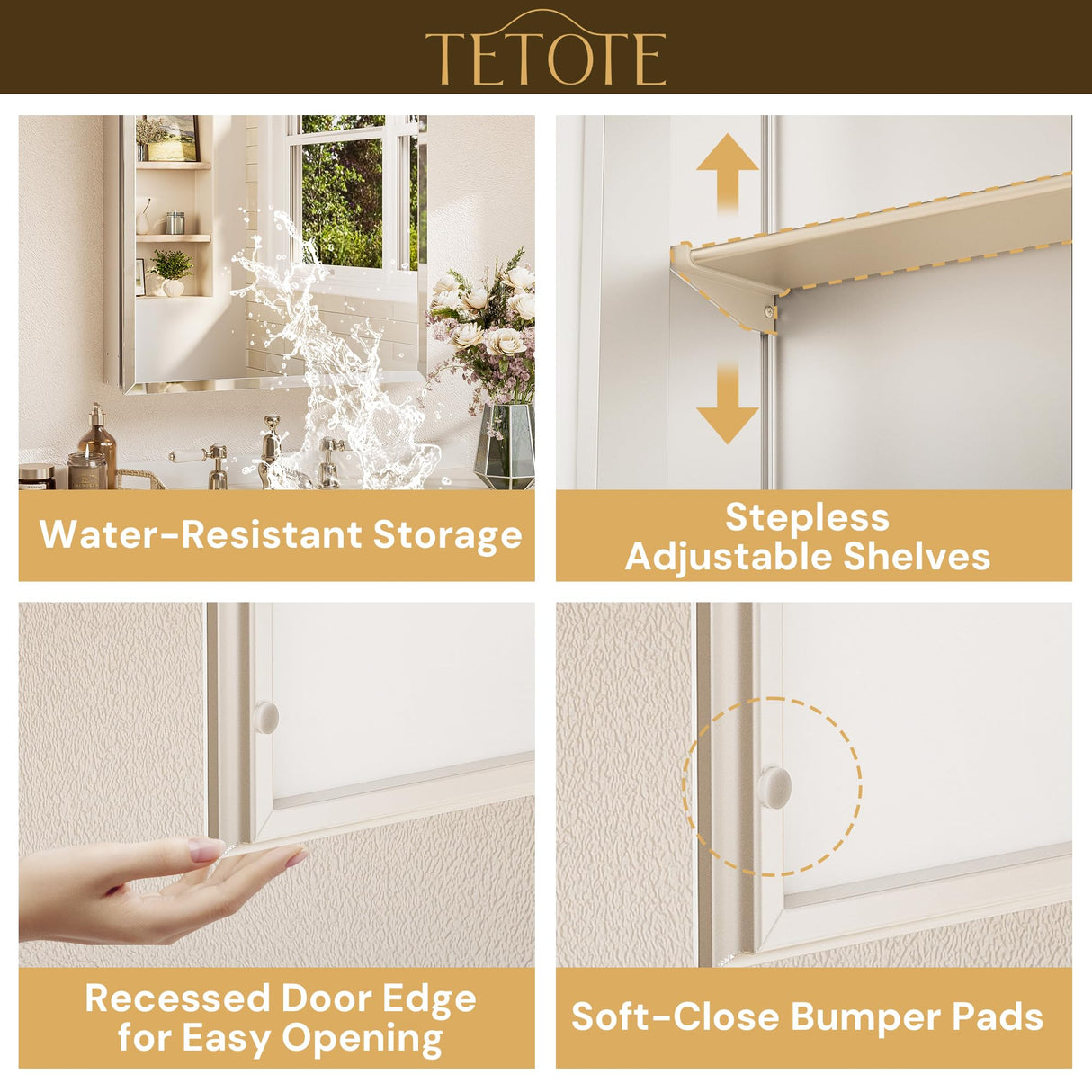 TETOTE 15 x 26 Bathroom Mirror with Storage with Tempered Beveled Mirror Silver Medicine Cabinet Aluminum Cabinet DTC Hinges, Stepless Adjustable Shelves, Recessed/Surface-Mounted TETOTE