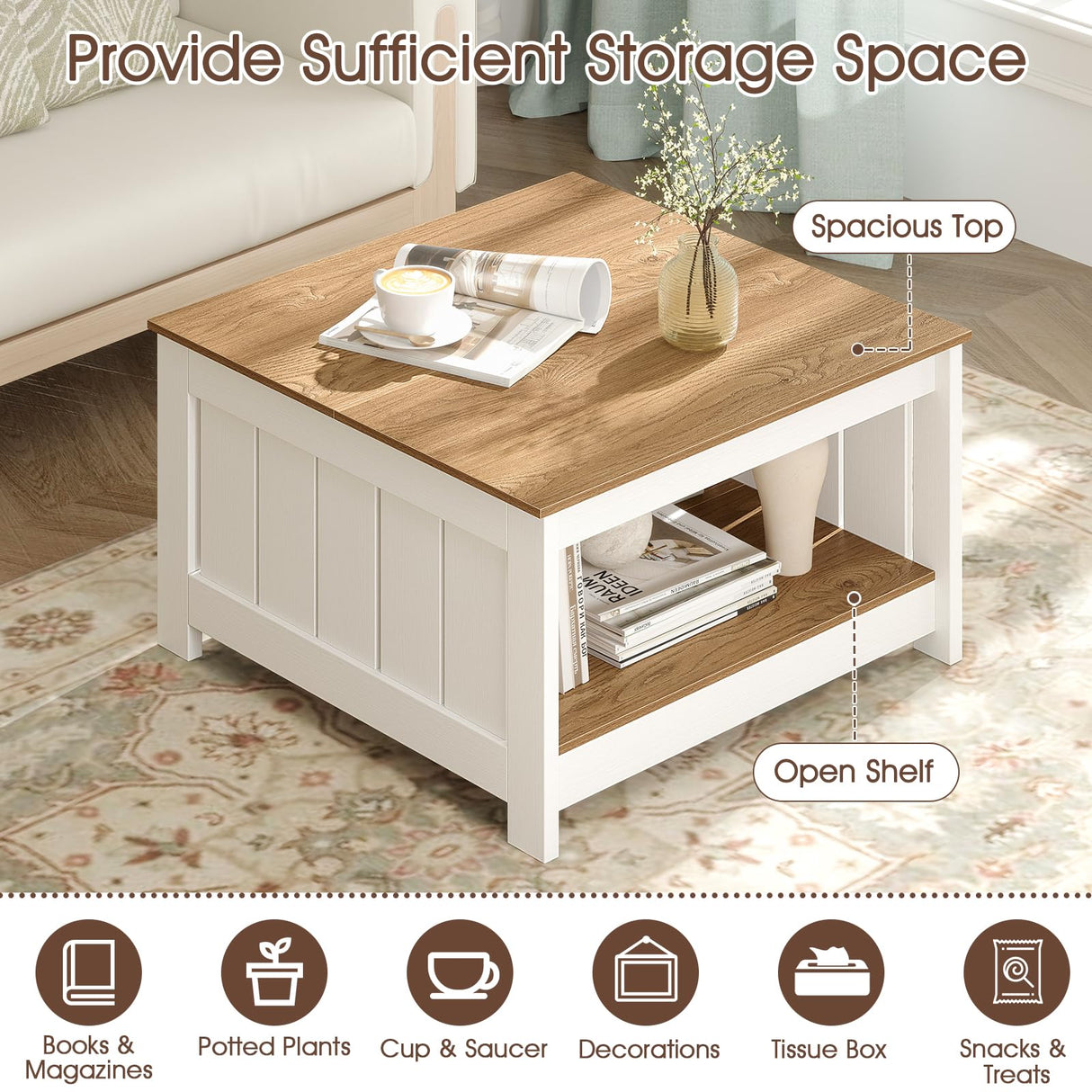 Giantex Farmhouse Coffee Table, 2-Tier Square Center Table for Living Room with Fence Design & Open Storage Shelf, Wood Living Room Tables for Small Spaces, Apartment, Natural & White Giantex