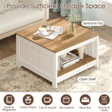 Giantex Farmhouse Coffee Table, 2-Tier Square Center Table for Living Room with Fence Design & Open Storage Shelf, Wood Living Room Tables for Small Spaces, Apartment, Natural & White Giantex