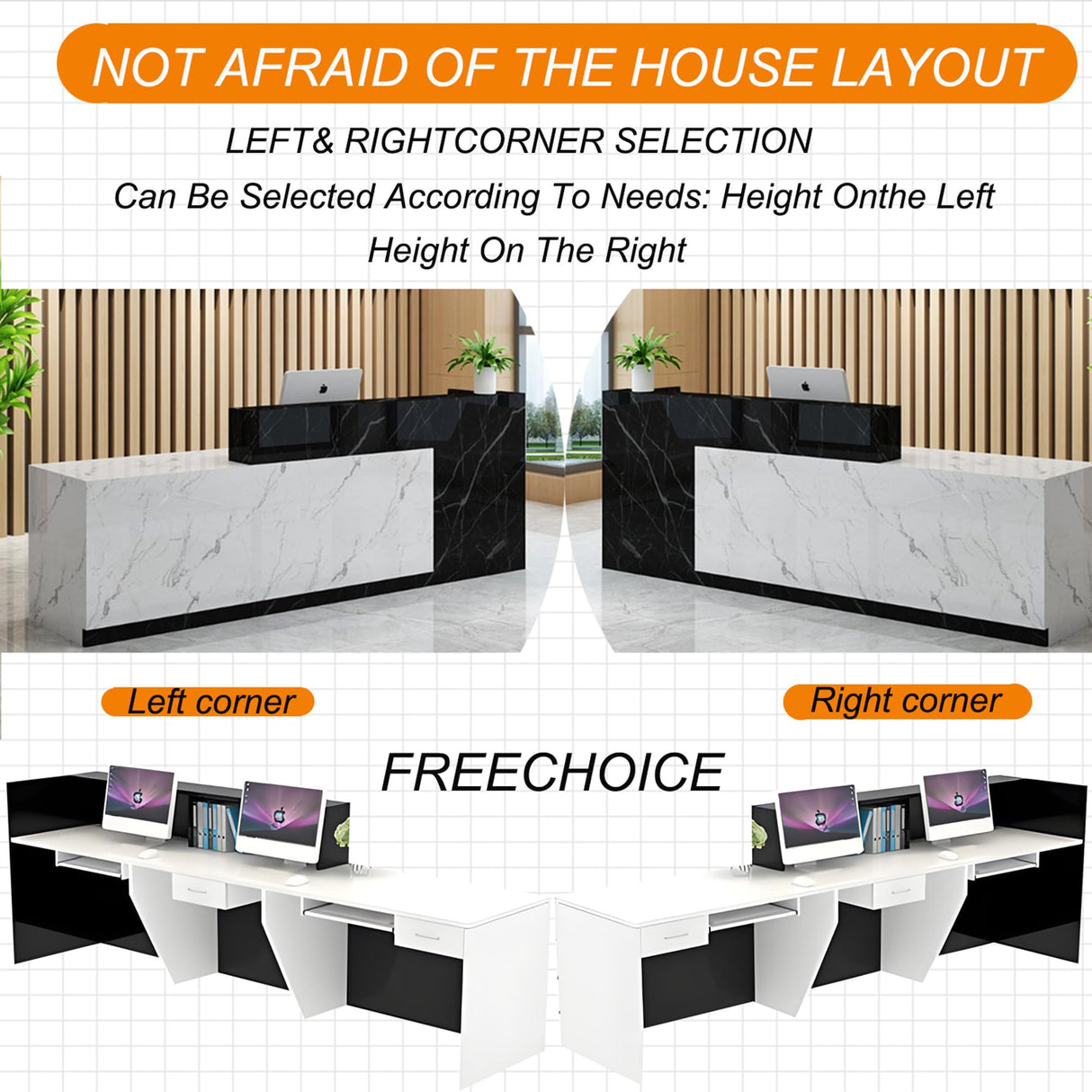 Wood Reception Desk with Counter, Mostrador para Negocio 47.2" - 157.5" Marble Stone Front Checkout Desk with Drawers, Keyboard Tray & Shelves for Office, Retail Store, Clothing Boutique CANYIHB