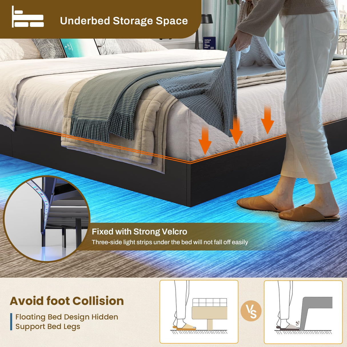 DICTAC Full Floating Bed Frame with LED Lights and Headboard Storage, Visual Floating Bed with Charing Station, Full Size Metal Platform Bed with Stable Structure, No Box Spring Need, Easy Assembly DICTAC