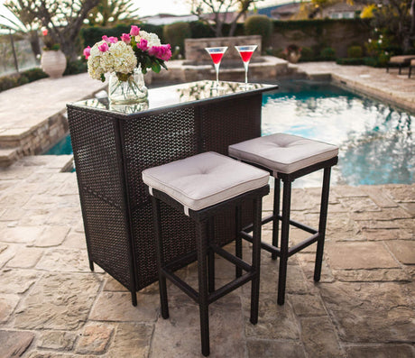 SUNCROWN Outdoor Bar Set 3-Piece Brown Wicker Patio Furniture - Glass Bar and Two Stools with Cushions for Patios, Backyards, Porches, Gardens or Poolside,Beige SUNCROWN