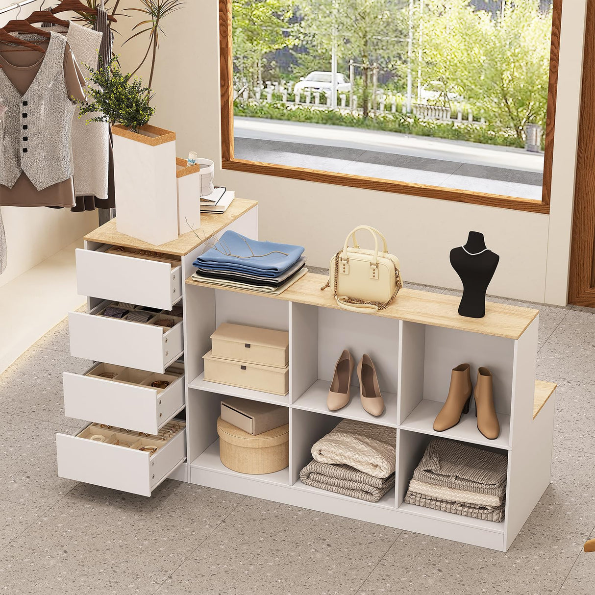 ZORPLIX Display Stand, Closet Island with Drawers, Wardrobe Armoire Island, Bedroom Island with Shoe Bench and Storage Compartment, Island Dresser for Closet, Clothing Store ZORPLIX