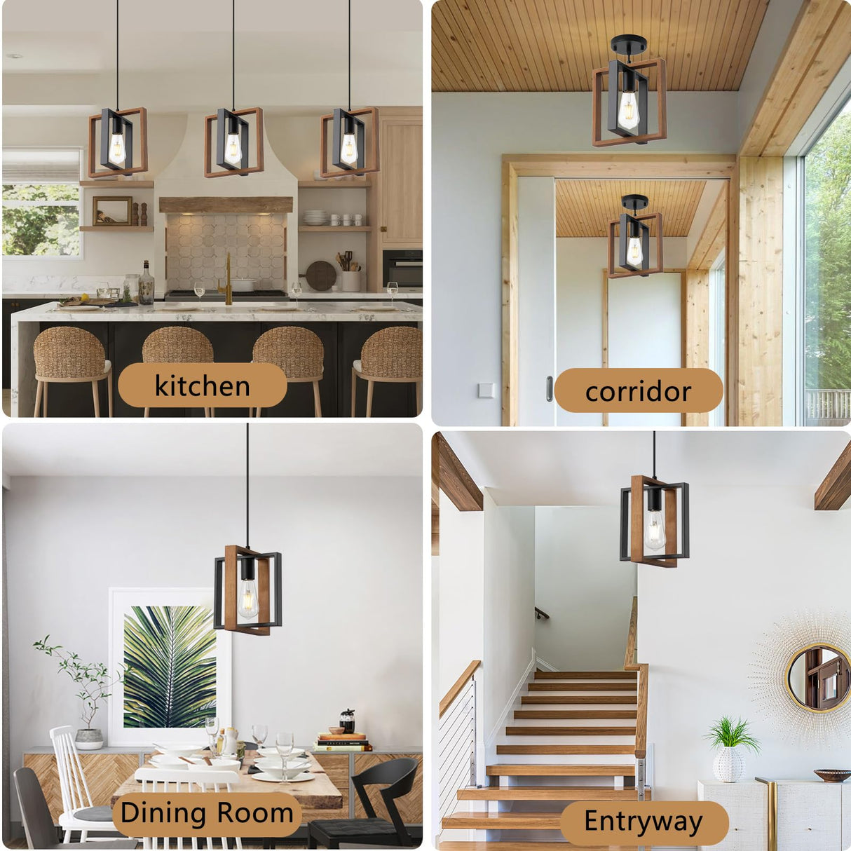 9MMML Wood Pendant Light Kitchen Island Set of 2, Farmhouse Hanging Lamp with 62'' Height Adjustable Cord, Small Ceiling Pendant Light Fixture for Dining Room, Entryway, Foyer(E26 Bulb Base) 9MMML
