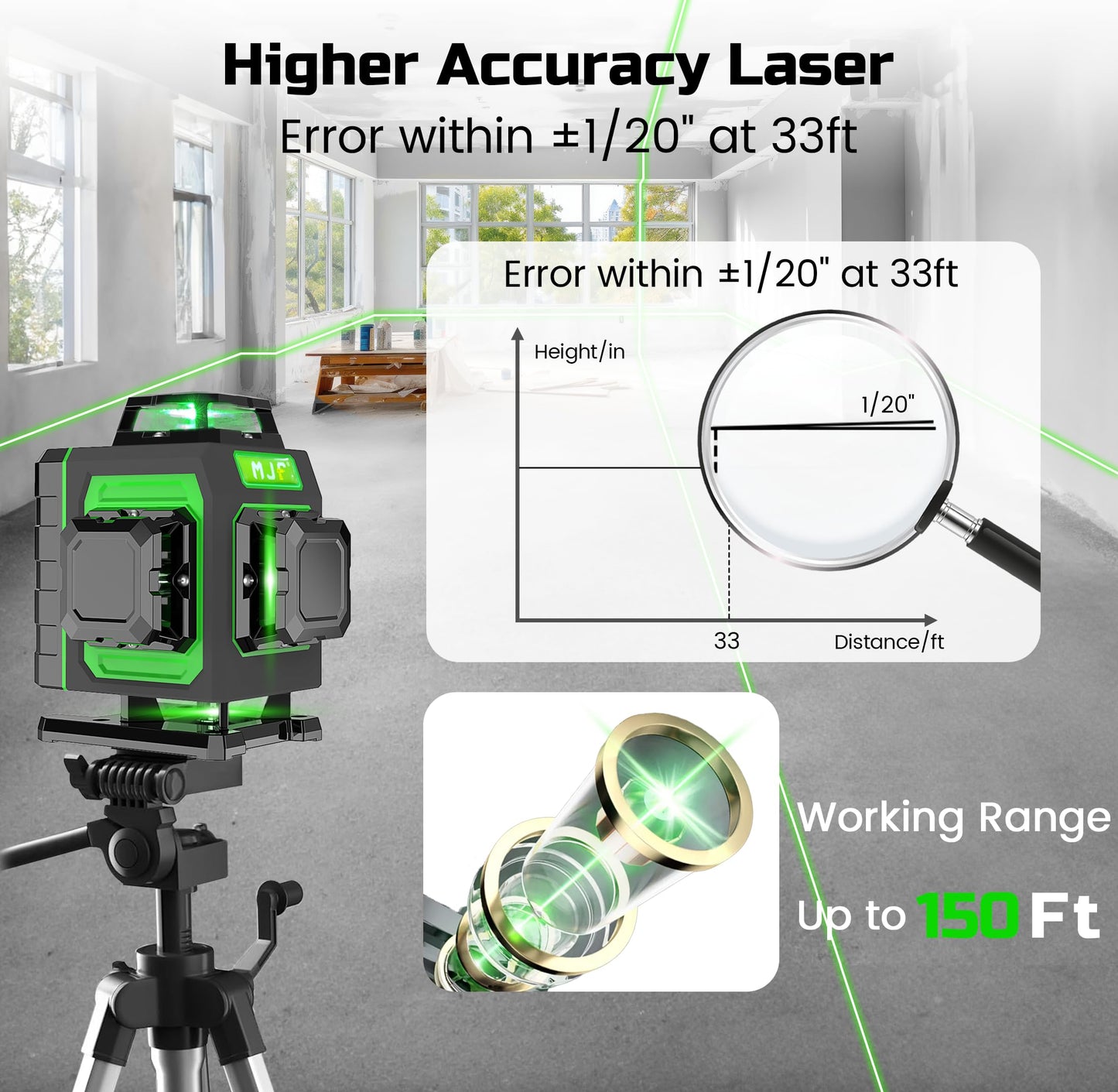 MJF Laser Level, 16 Green Cross Line, Pocket Size, 4D Lasers with Rechargeable Long-Lasting Battery, High Accuracy Nivel Level, with Self-leveling, Ideal for Construction and Home Décor - WoodArtSupply