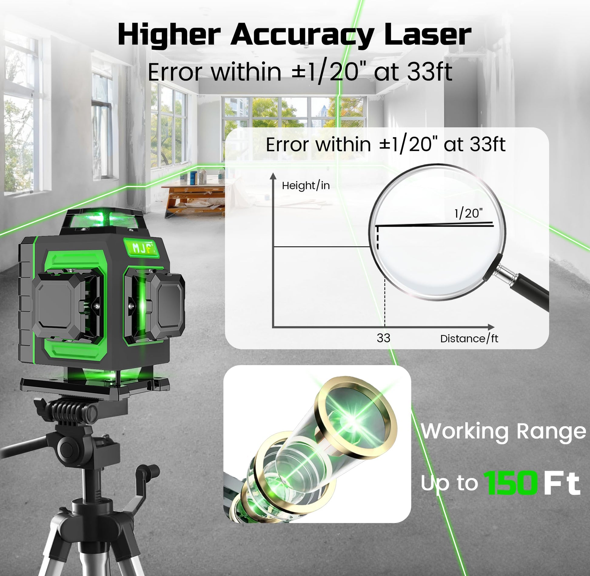 MJF Laser Level, 16 Green Cross Line, Pocket Size, 4D Lasers with Rechargeable Long-Lasting Battery, High Accuracy Nivel Level, with Self-leveling, Ideal for Construction and Home Décor - WoodArtSupply