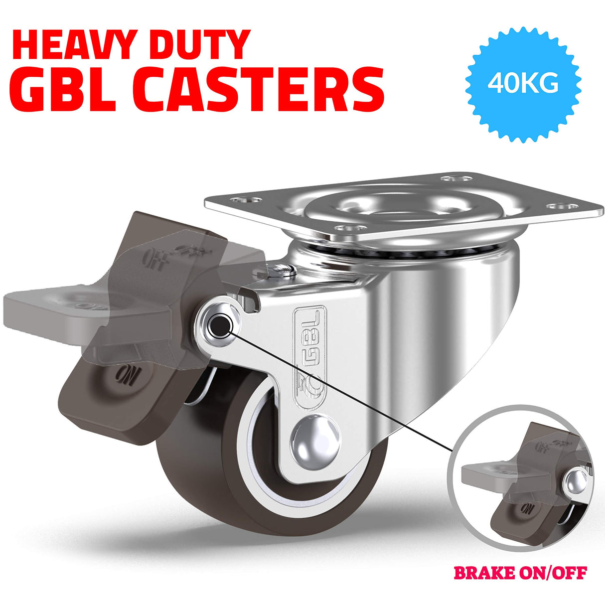 GBL 1" Small Caster Wheels with 2 Brakes + Screws - 90Lbs - Low Profile Castor Wheels with Brakes - Set of 4 No Floor Marks Silent Casters - Mini Wheels for Cart and Furniture GBL
