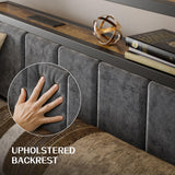 Full Size Platform Bed Frame with LED Lights, Charging Station, Grey Upholstered Headboard with 2-Tier Storage Shelves, Noise Free, No Box Spring Needed Liians