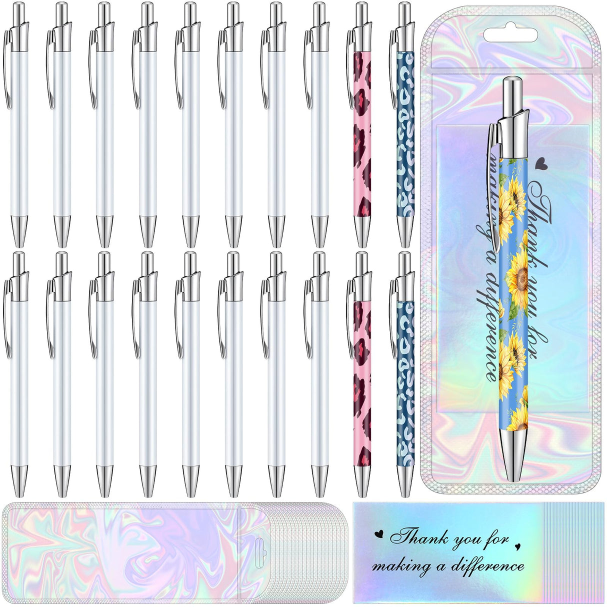 Yexiya 60 Pcs Sublimation Pen Kit Sublimation Pen Blank with Resealable Pouch Bag and Holographic Thank You Card Sublimation Ballpoint Pen School Supply for Christmas Office School Stationery Supply Yexiya