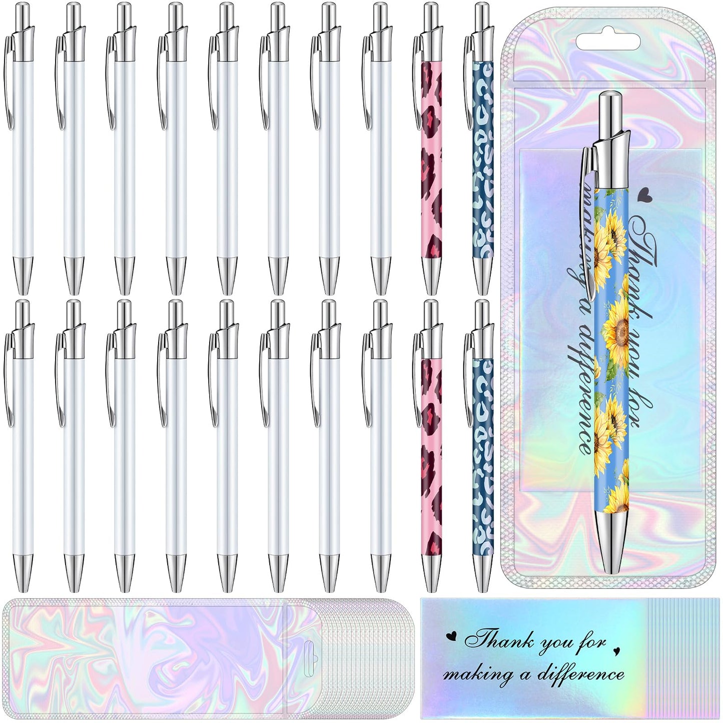 Yexiya 60 Pcs Sublimation Pen Kit Sublimation Pen Blank with Resealable Pouch Bag and Holographic Thank You Card Sublimation Ballpoint Pen School Supply for Christmas Office School Stationery Supply