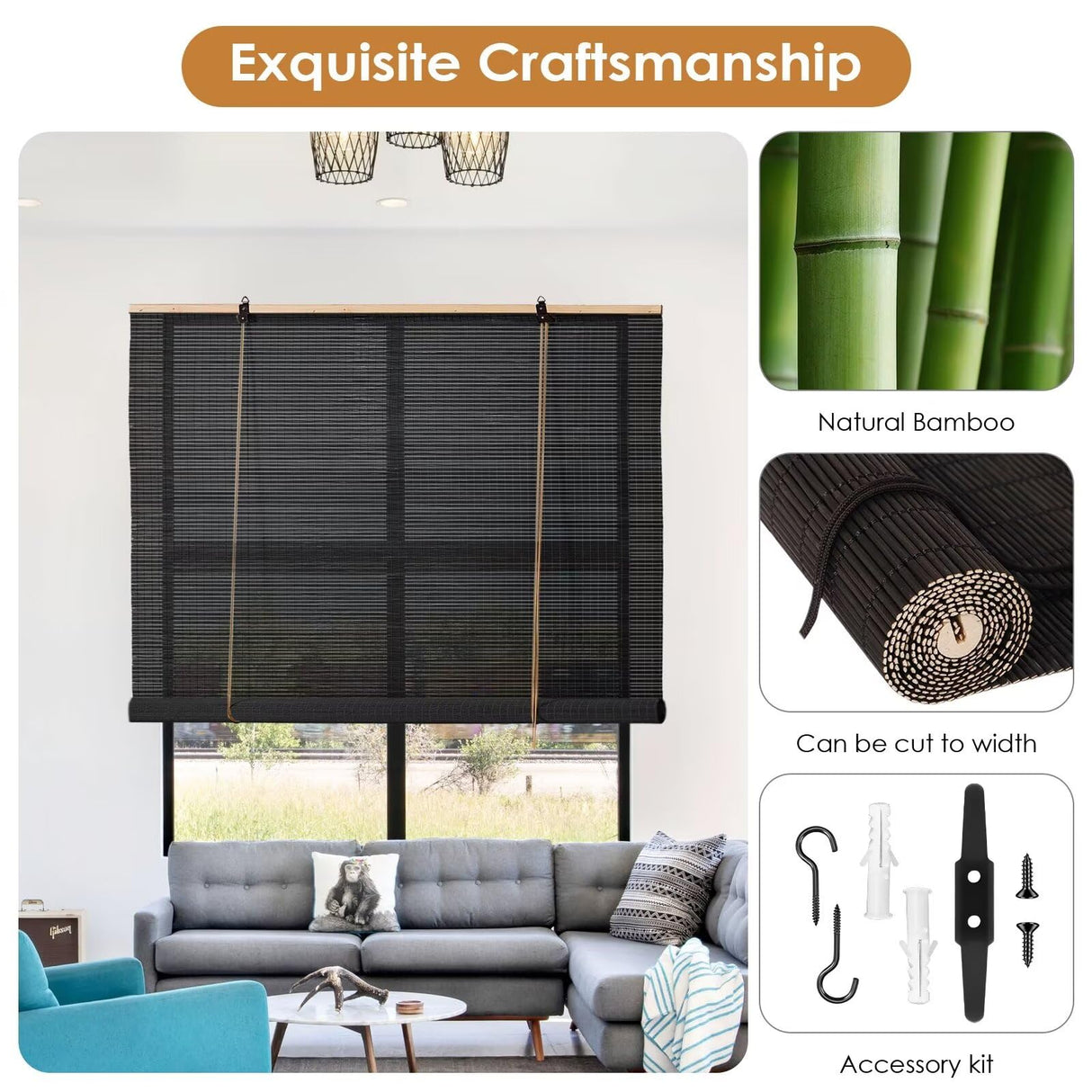Bamboo Roller Blinds Shades,Outdoor Bamboo Roll Up,Vertical Lifting,Natural,Breathable,Waterproof Roller Shades for Privacy Protection,Sun Shade,Blackout,Ventilation,Easy Installation,35x72in（WxH BAYUE