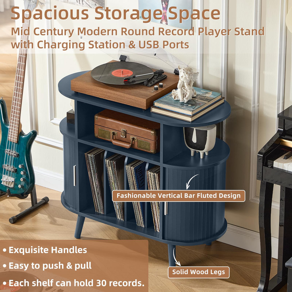 LELELINKY Large Round Record Player Stand with Charging Station & Fluted Display Shelf, Blue Mid Century Modern Turntable Cabinet with Vinyl Storage, Arched Wood Record Player Table for Living Room LELELINKY