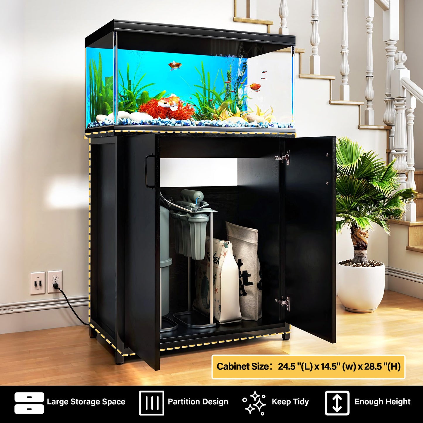 TC-HOMENY 10-29 Gallon Aquarium Stand with Charging Station and Cable Holes, Metal Fish Tank Stand with Storage Cabinet, 29" L x 16.5" W Tabletop, 880LBS Capacity, Fit for Living Room - WoodArtSupply