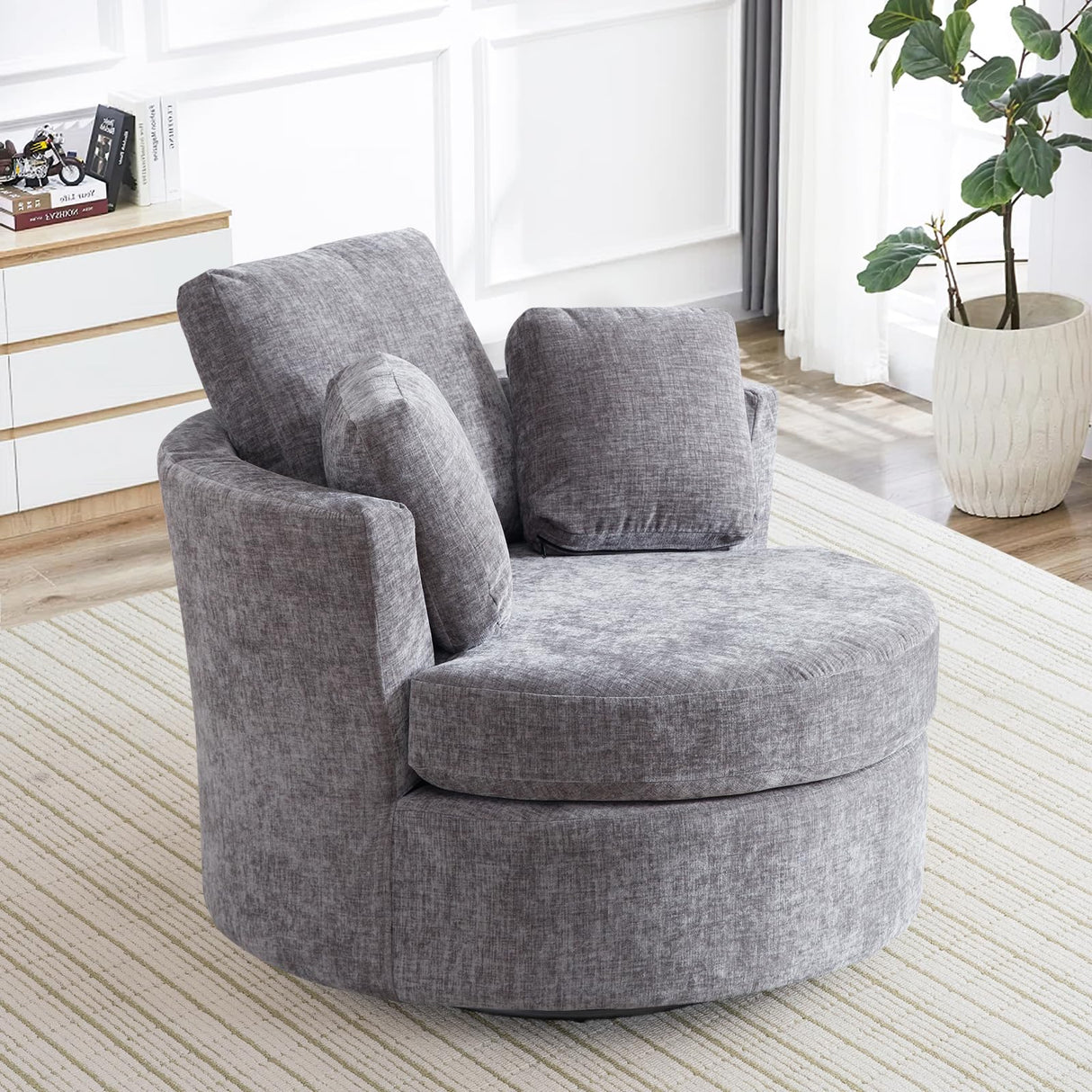 Deolme 42" W Modern Grey Swivel Barrel Chair with 360° Round Metal Base & Soft Chenille Pillows & Thick Cushion, Comfy Oversized Chaise Longue Indoor Living Room, Bedroom Club Reading Armchair (Gray) Deolme