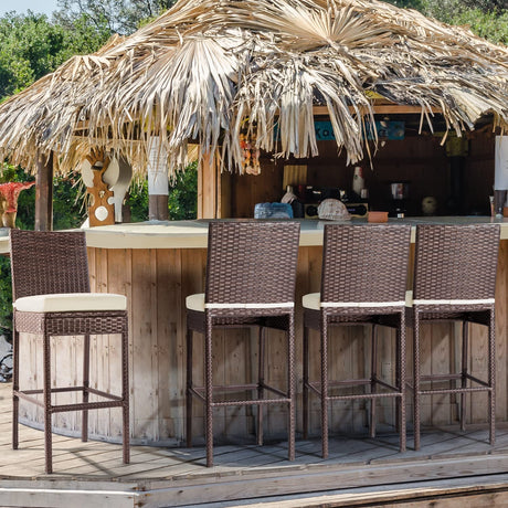 Outdoor Bar Stools Wicker Woven Patio Stools & Patio Bar Chairs Set of 4 Counter Bar Height Stools with Footrest Armless Cushion Beige All Weather Rattan Garden Stool for Pool Lawn Porch Backyard Patio Novagarden