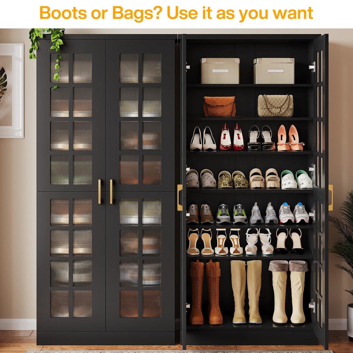 Tribesigns 71-Inch Tall Shoe Cabinet with Doors, 8-Tier Shoe Storage Cabinet with Adjustable Shelves, Modern Shoe Organizer Shoe Rack Cabinet for Entryway, Hallway, Closet, Living Room, Black and Gold Tribesigns