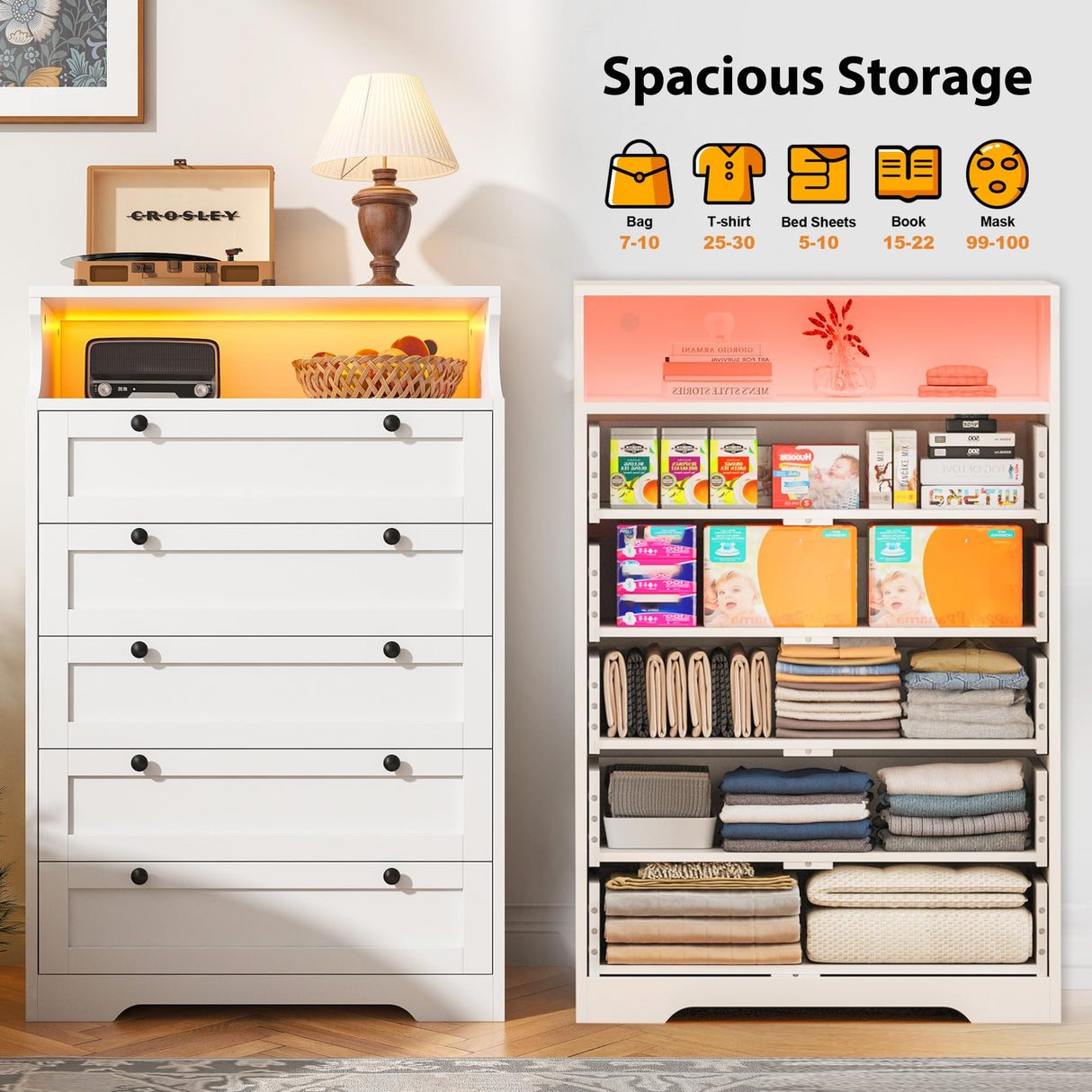 EnHomee Dresser for Bedroom, Modern White Dresser with LED Light, Tall Dresser with 5 Large Wood Drawers for Closet Organizers and Storage Clothes, Chests of Drawers for Closet, Entryway EnHomee