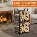 VyGrow Firewood Rack for Indoor, 2-Tier Firewood Holder with 3 Hanging Hooks, Heavy Duty Wood Rack for Outdoor Patio, Black, 11.8" D x 15.7" W x 31.9" H VyGrow