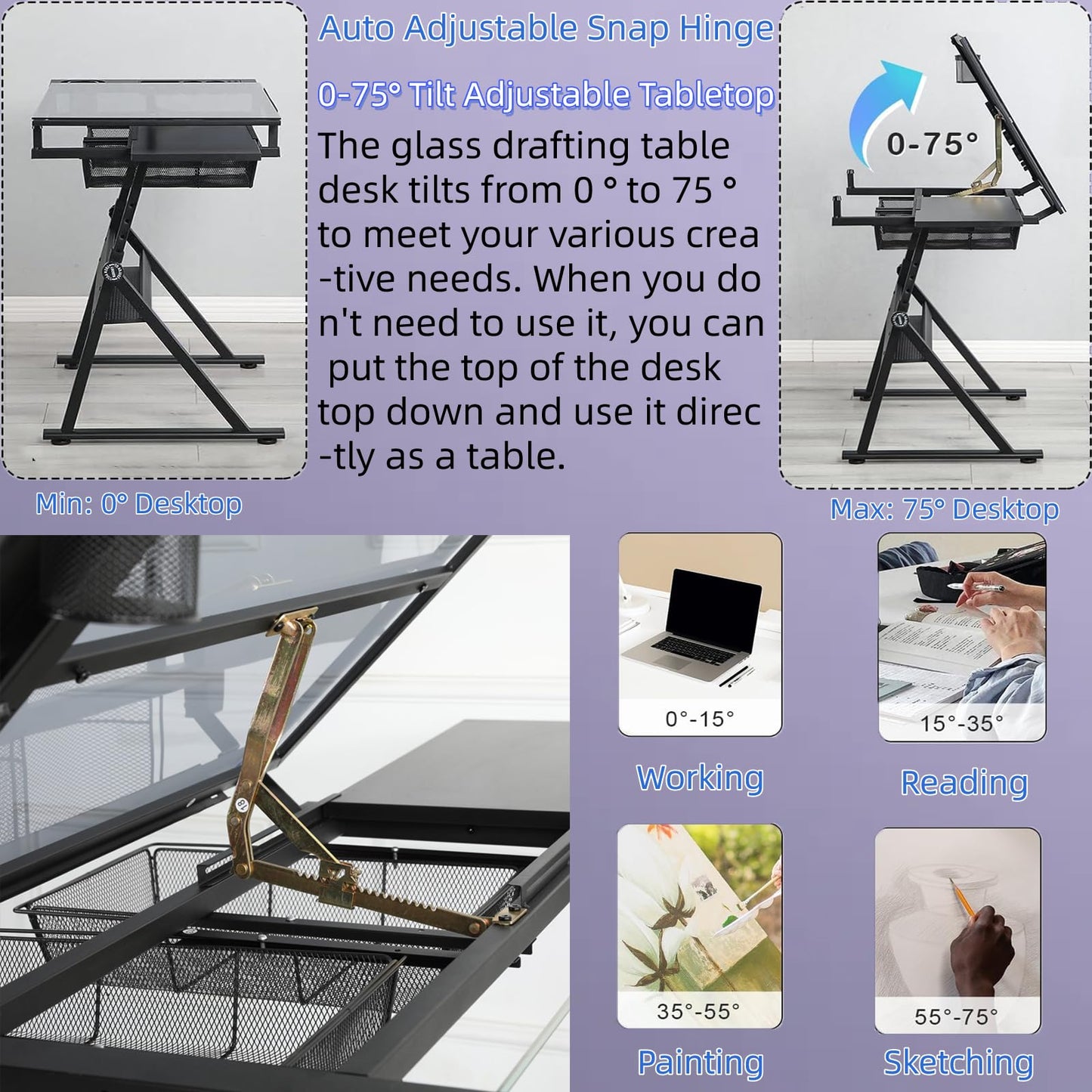 Upgraded Drafting Table with Stool, Painting Table Hand Crank Adjustable Drawing Desk with Drawers, Tiltable Glass Tabletop Diamond Painting Table, Multifunctional Drawing Tables for Artists  - WoodArtSupply