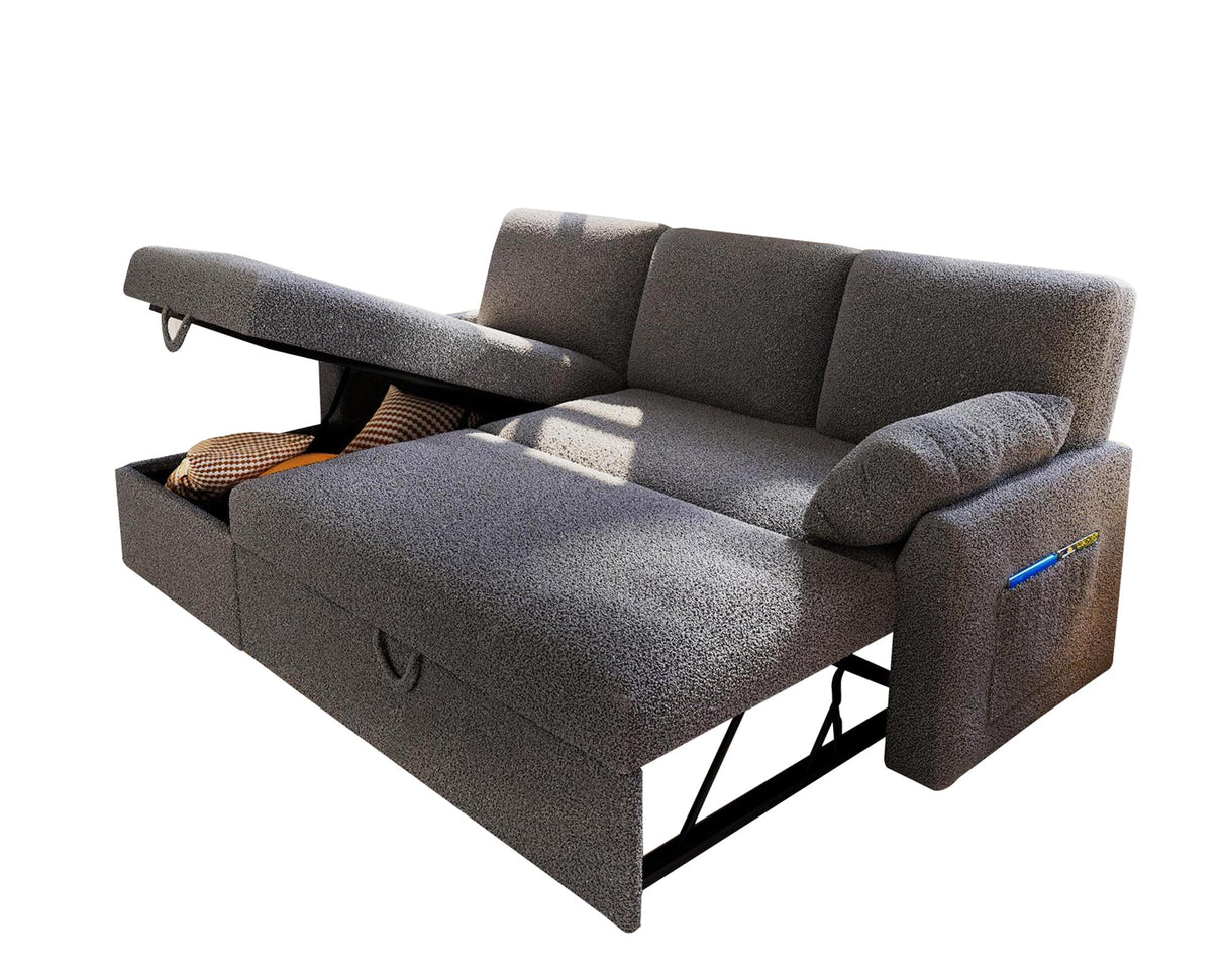 VanAcc Sofa Bed, Sleeper Sofa with Storage Chaise- 2 in 1 Pull Out Couch Living Room, Comfy Sleeper Couch, Grey Boucle VanAcc