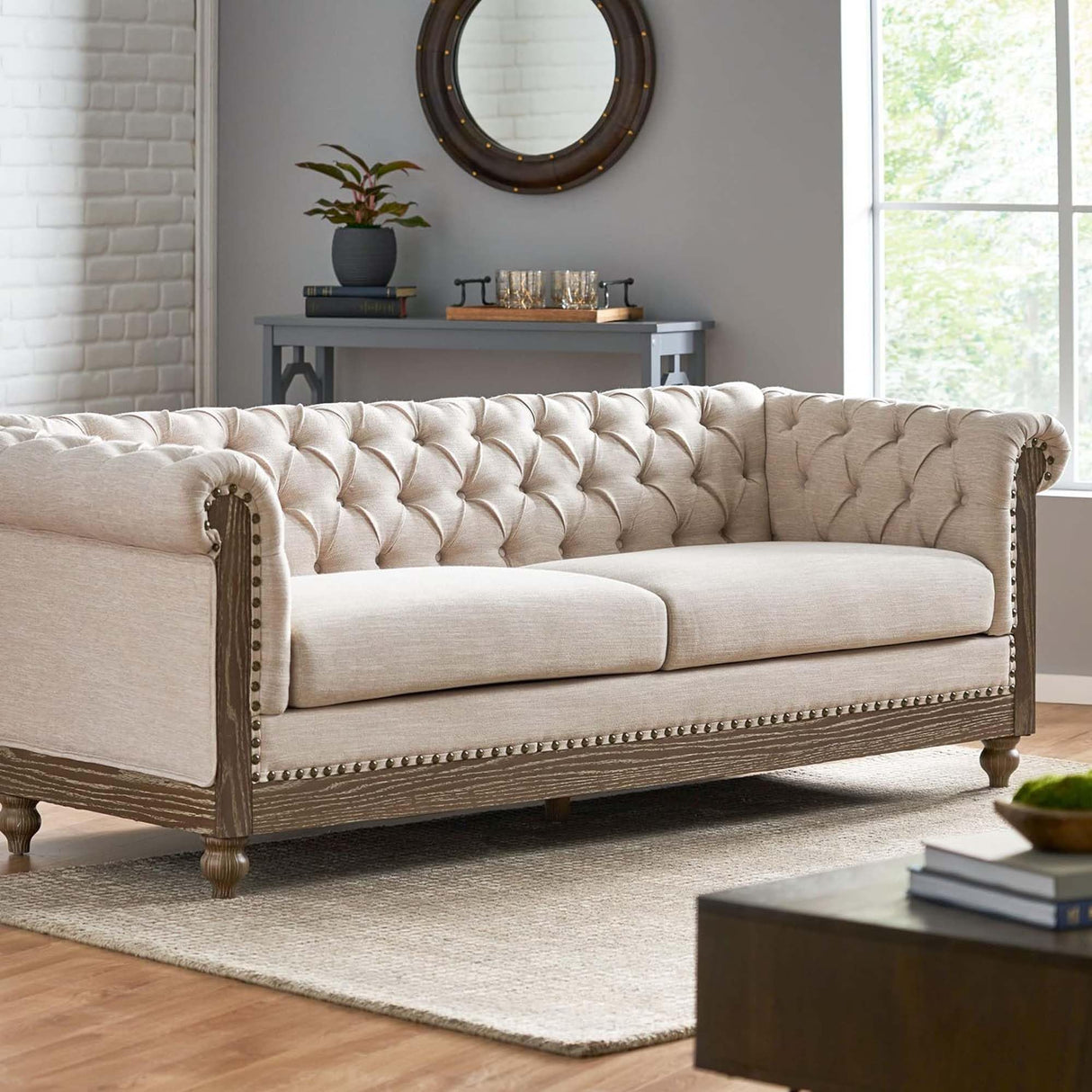 KEVINSPACE 78.75" Chesterfield Sofa Couch Morden Tufted Upholstery Couch for Living Room, Mid-Century Classic 3 Seat Couches Sofa with Wooden Legs & Rolled Arm Bedroom Office Apartment Beige KEVINSPACE