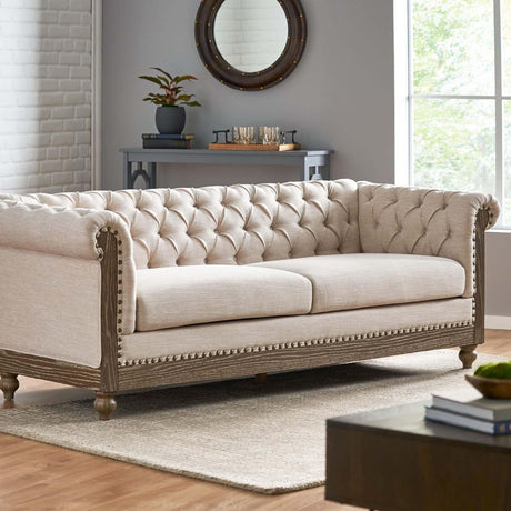KEVINSPACE 78.75" Chesterfield Sofa Couch Morden Tufted Upholstery Couch for Living Room, Mid-Century Classic 3 Seat Couches Sofa with Wooden Legs & Rolled Arm Bedroom Office Apartment Beige KEVINSPACE