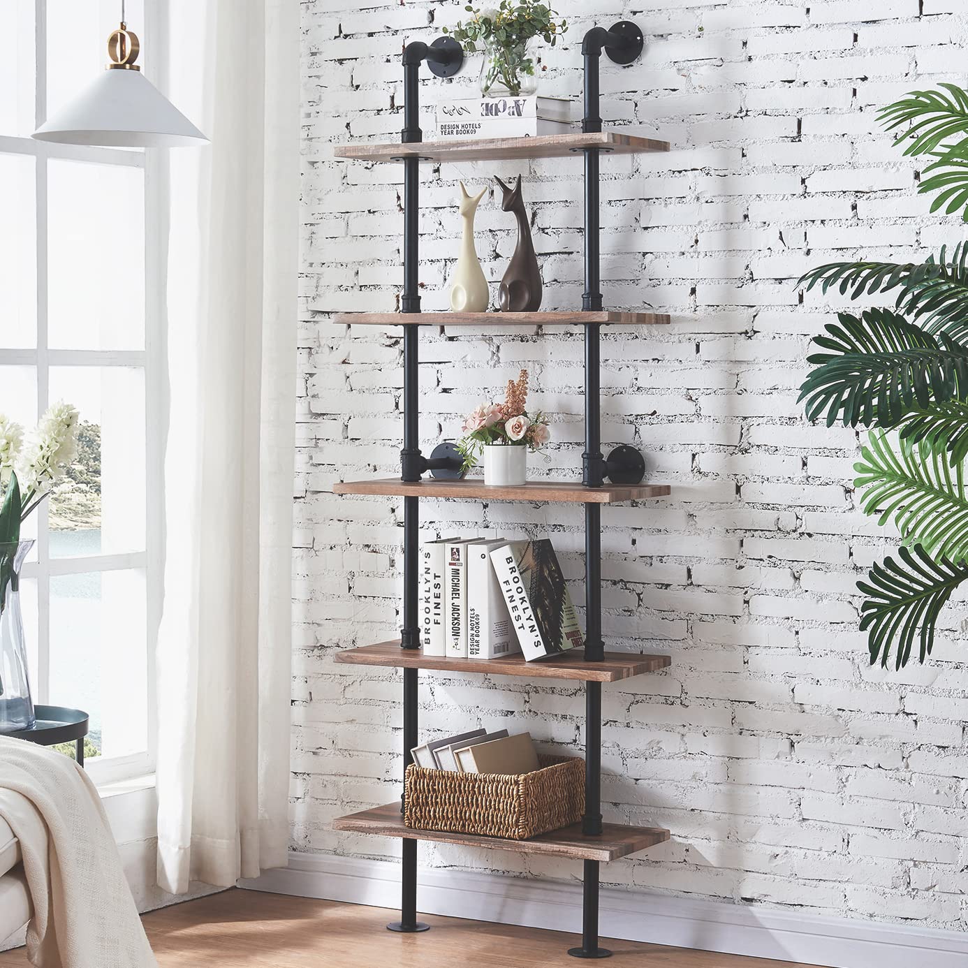 HOMBAZAAR 5-Tier Industrial Pipe Ladder Shelf - Oak Brown Wall Mounted Bookshelf for Home and Office - WoodArtSupply