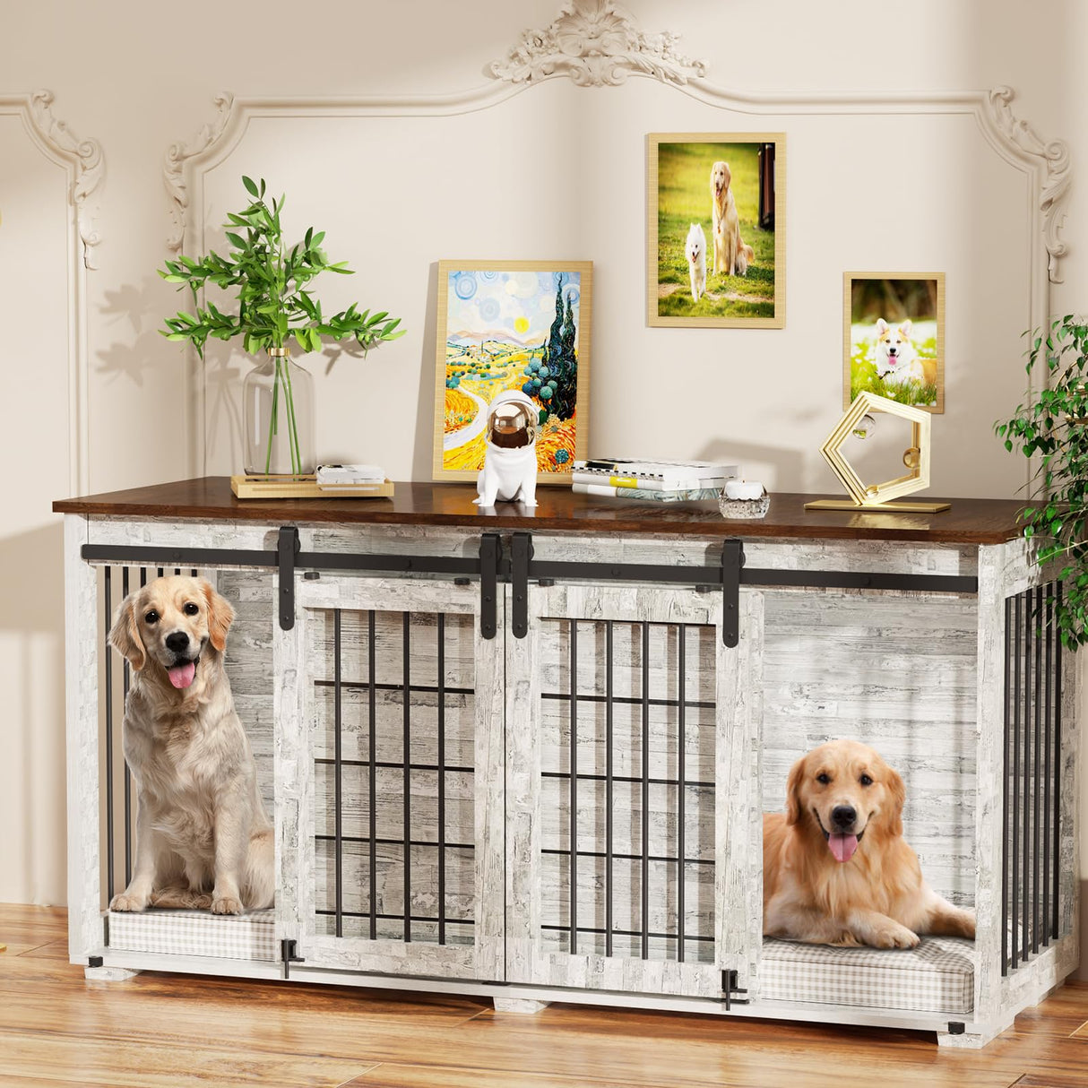 EBE Dog Crate Furniture, 63''Wooden Dog Kennel with Removable Divider and Sliding Door, Dog Crate with Double Rooms, Heavy Duty Dog Crate Table Indoor TV Stand for Small Medium Large Dogs EBE