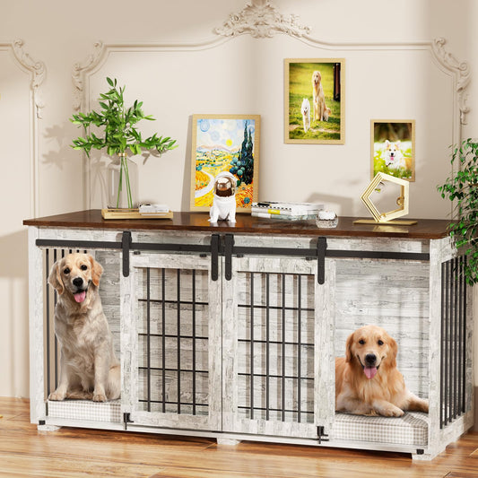 EBE Dog Crate Furniture, 63''Wooden Dog Kennel with Removable Divider and Sliding Door, Dog Crate with Double Rooms, Heavy Duty Dog Crate Table Indoor TV Stand for Small Medium Large Dogs - WoodArtSupply