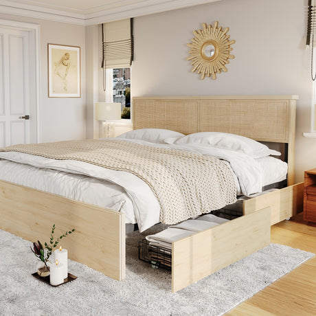 Brafab Natural Rattan King Size Bed Frame with Wooden Headboard and 4 Storage Drawers, Boho Natural Wood Bedframe Cane Oak Metal Platform Beds with Strong Wooden Slat, Noise Free, No Box Spring Needed Brafab