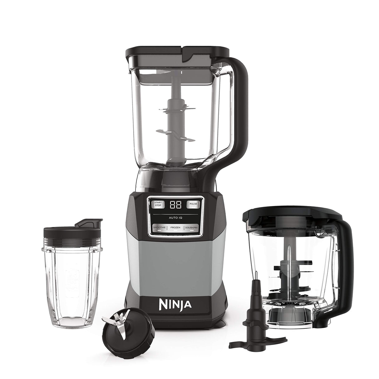 Ninja Blender, Compact Kitchen System, 1200W, 3 Functions for Smoothies, Dough & Frozen Drinks with Auto-IQ, 72-oz.* Blender Pitcher, 40-oz. Processor Bowl & 18-oz. Single-Serve Cup, Grey, AMZ493BRN Ninja