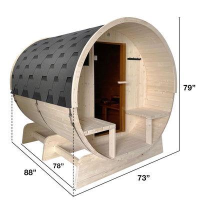 ALEKO Barrel Sauna | Personal Dry Wet Steam Sauna | Indoor Outdoor | White Finland Pine w/Front Porch Canopy | 6-8 Person | UL Certified 8 kW KIP Harvia Heater | - WoodArtSupply