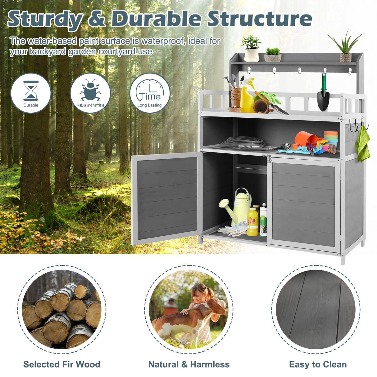 GRAVFORCE Outdoor Potting Bench Table, Garden Potting Benches for Outside Planting Work Bench Table Wooden Storage Plant Table Cabinet Gardening Table for Patio, Garden, Greenhouse, Backyard (Gray) GRAVFORCE