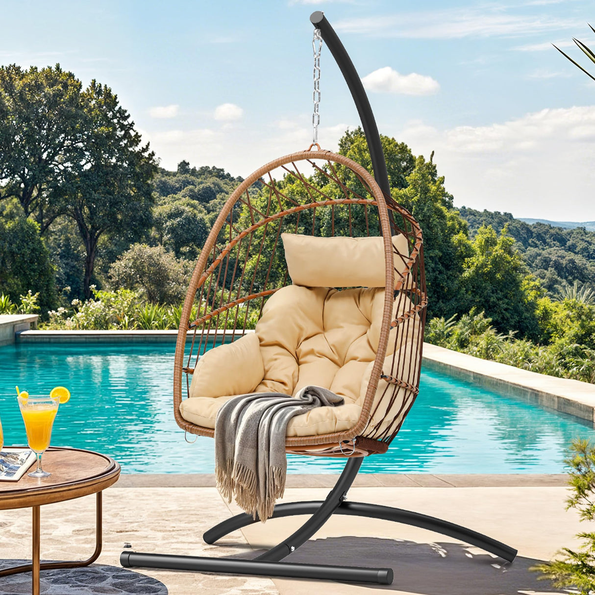 YITAHOME Hanging Egg Chair, Outdoor Patio Wicker Hammock Egg Chair Indoor with Cushion, Rattan Swing Chair 350lbs for Balcony, Garden Bedroom, Beige with Stand YITAHOME