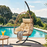 YITAHOME Hanging Egg Chair, Outdoor Patio Wicker Hammock Egg Chair Indoor with Cushion, Rattan Swing Chair 350lbs for Balcony, Garden Bedroom, Beige with Stand YITAHOME