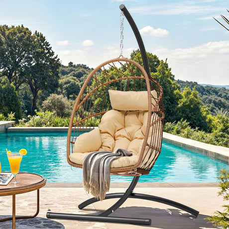 YITAHOME Hanging Egg Chair, Outdoor Patio Wicker Hammock Egg Chair Indoor with Cushion, Rattan Swing Chair 350lbs for Balcony, Garden Bedroom, Beige with Stand YITAHOME